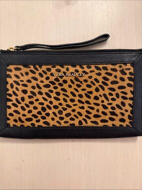 Vera Bradley Black Tan Leopard Print Wristlet Pouch Leather Animal Zip Fall Cat